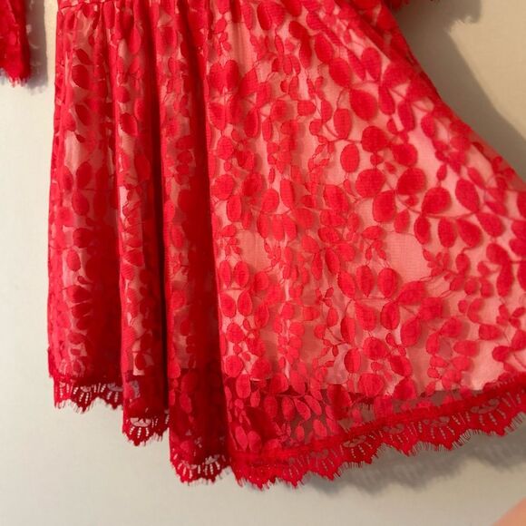 Free People Red Lace Mesh Dress Built In Under Slip With Adjustable Straps Sz 2 - Picture 8 of 10